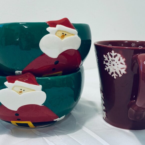 3 Pcs: (2) Holiday Time Santa Bowls + St Nicholas Square Snowflake Mug - Picture 4 of 9